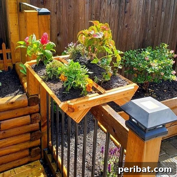 Smart DIY Integrated Planters for Maximizing Tiny Outdoor Areas 17 A two-sided hanging planter box made of natural cedar, designed for fence or railing.
