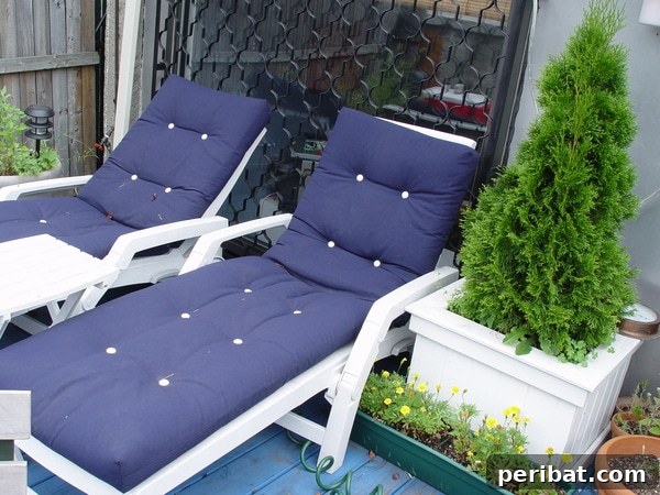 Smart DIY Integrated Planters for Maximizing Tiny Outdoor Areas 18 A square wooden planter box on a deck, housing a small shrub next to a chaise lounge.