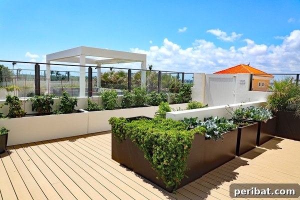 Smart DIY Integrated Planters for Maximizing Tiny Outdoor Areas 3 A beautifully designed rooftop garden featuring multiple built-in planters creating distinct zones for plants.
