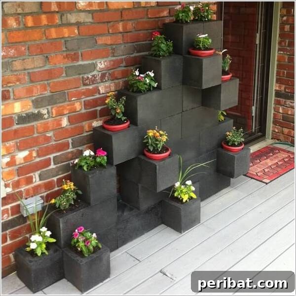 Smart DIY Integrated Planters for Maximizing Tiny Outdoor Areas 22 A stacked concrete block planter used to hold various potted plants.