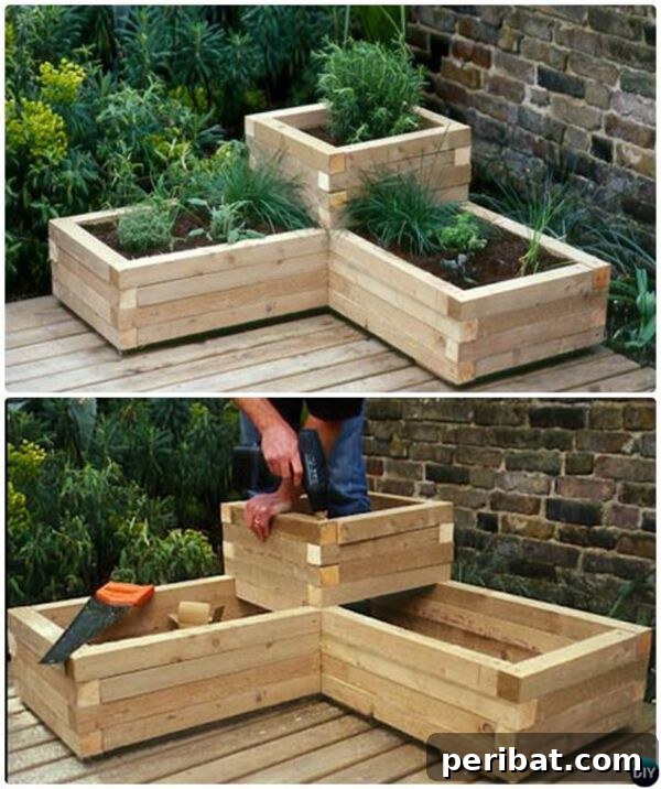 Smart DIY Integrated Planters for Maximizing Tiny Outdoor Areas 24 Stacked wooden planters positioned in a deck corner, creating a rustic floral display.
