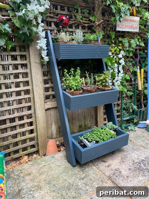 Smart DIY Integrated Planters for Maximizing Tiny Outdoor Areas 26 A leaning multi-tiered planter designed for an herb garden or flowers.