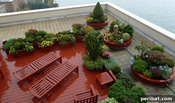 Smart DIY Integrated Planters for Maximizing Tiny Outdoor Areas 27 A rooftop deck with a variety of built-in planters, including large circular red ones filled with shrubs.