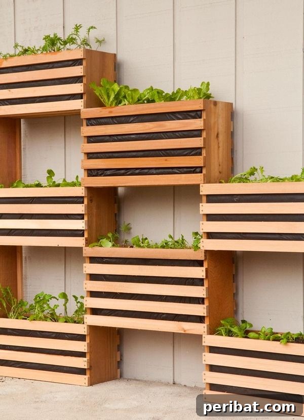 Smart DIY Integrated Planters for Maximizing Tiny Outdoor Areas 28 A vertical vegetable garden constructed from stacked wooden crates.