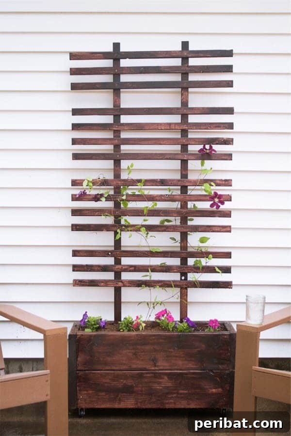 Smart DIY Integrated Planters for Maximizing Tiny Outdoor Areas 4 A tall, narrow planter box with an integrated trellis, ideal for climbing plants against a wall.