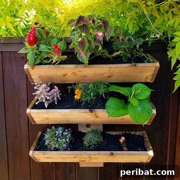 Smart DIY Integrated Planters for Maximizing Tiny Outdoor Areas 5 Tiered, slanted planter boxes mounted vertically on a deck railing, designed for optimal plant growth.
