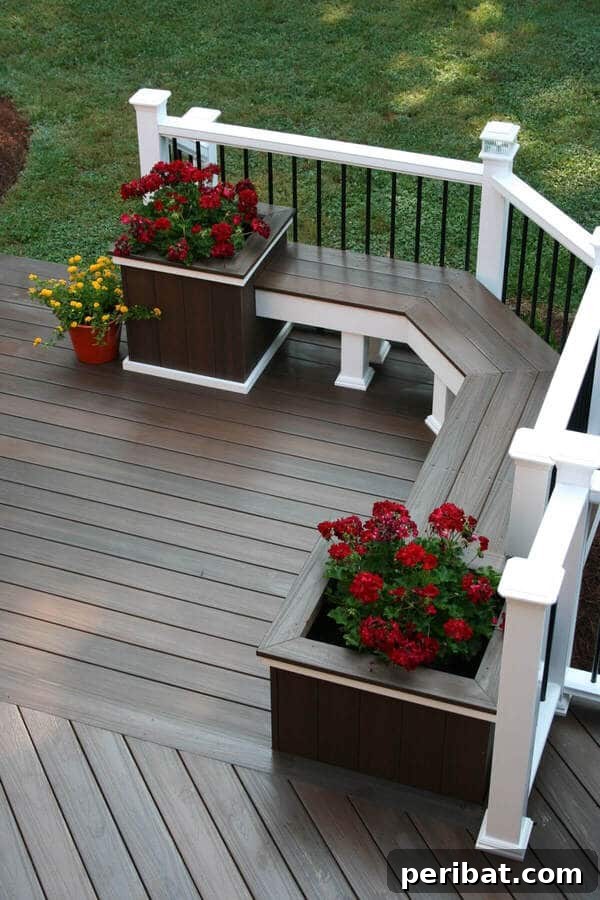 Smart DIY Integrated Planters for Maximizing Tiny Outdoor Areas 7 Square planters integrated at the ends of wooden deck benches.