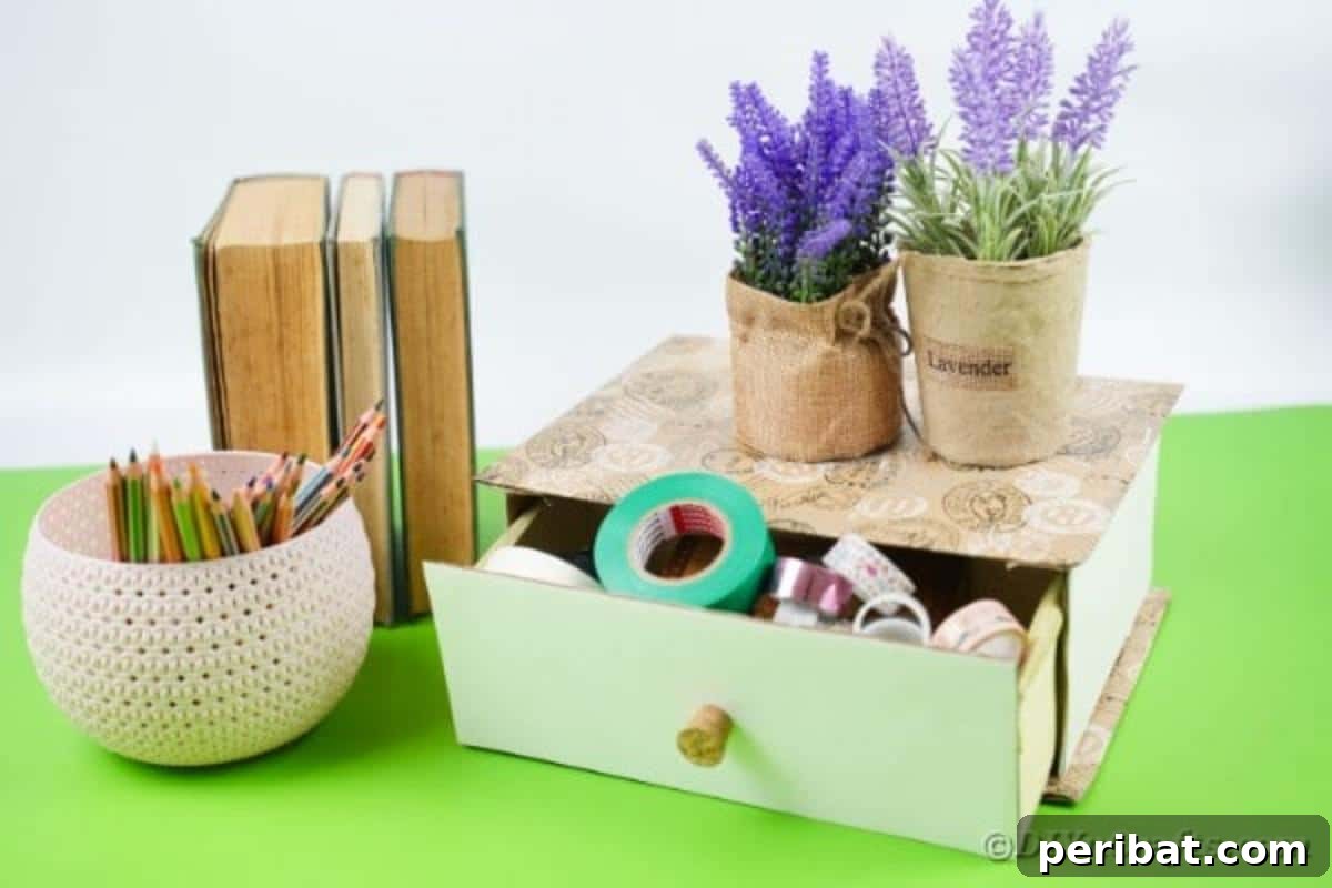 Craft supplies in box drawer