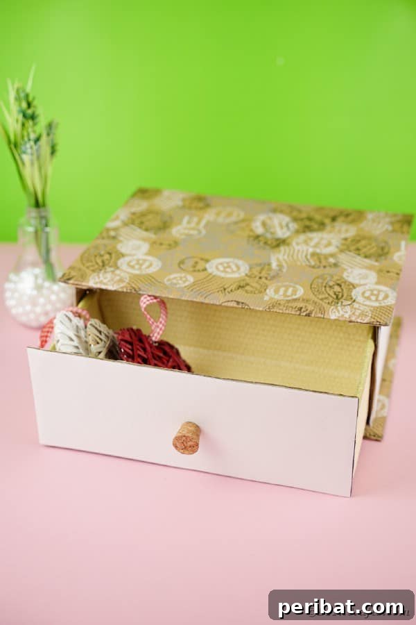 Box drawer open with flowers beside