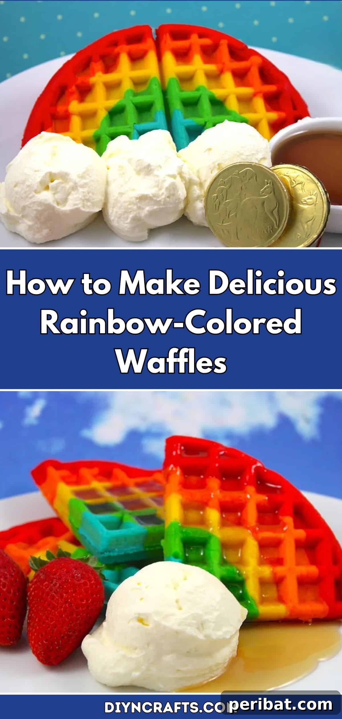 Whip Up Dazzling Rainbow Waffles 2 Vibrant rainbow waffles stacked high with fresh berries and whipped cream, a delightful and colorful breakfast treat