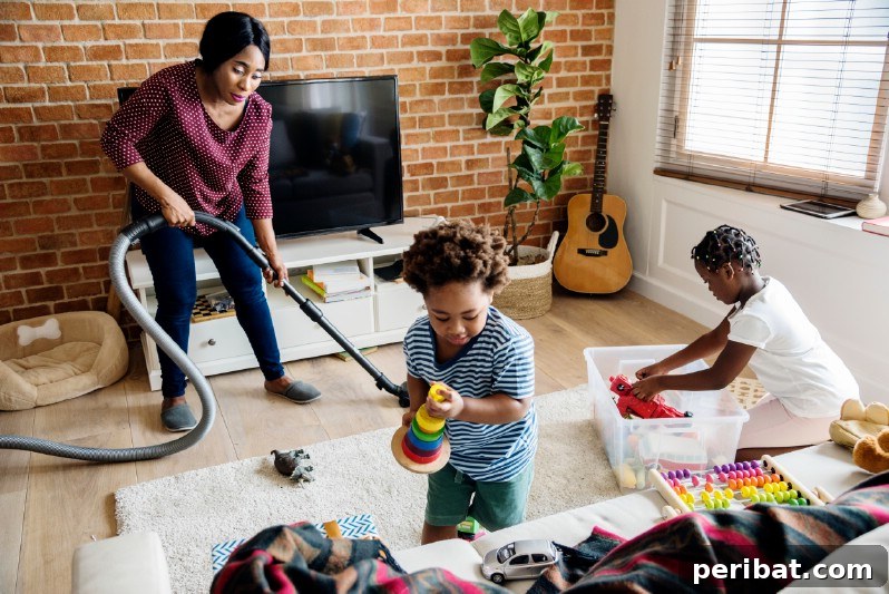 Family vacuuming the house together.