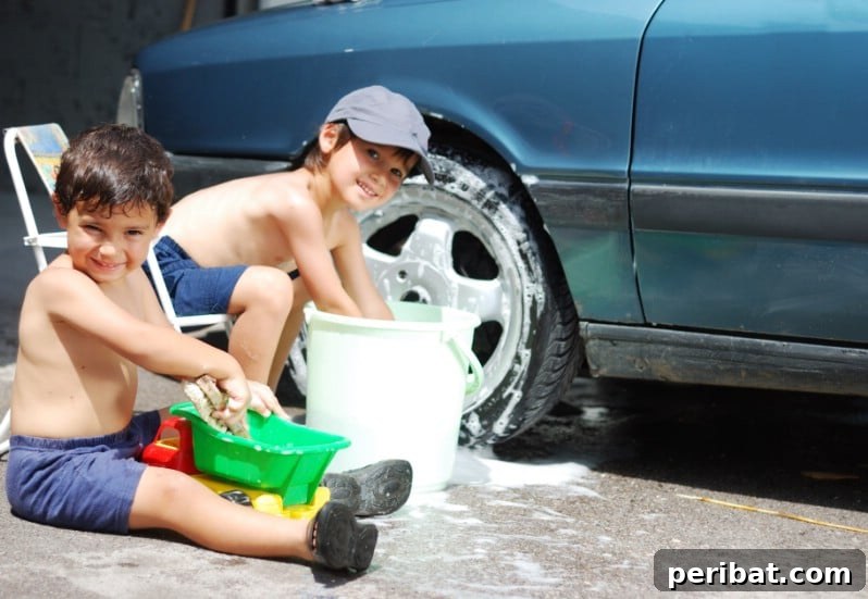 Kids cleaning the car.