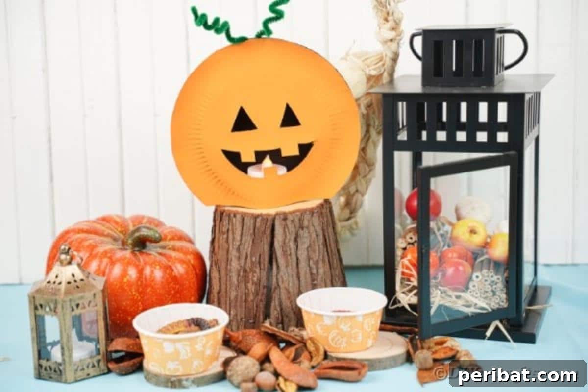 Grinning Gourd Lanterns: A Paper Plate Craft for Kids 3 Paper plate pumpkin lantern displayed with Halloween decor