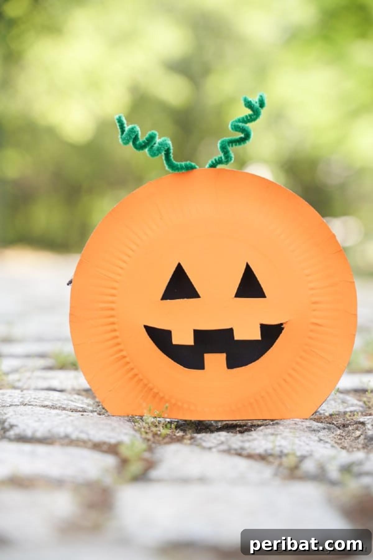 Grinning Gourd Lanterns: A Paper Plate Craft for Kids 27 Paper plate pumpkin lantern displayed on a rock with a natural background
