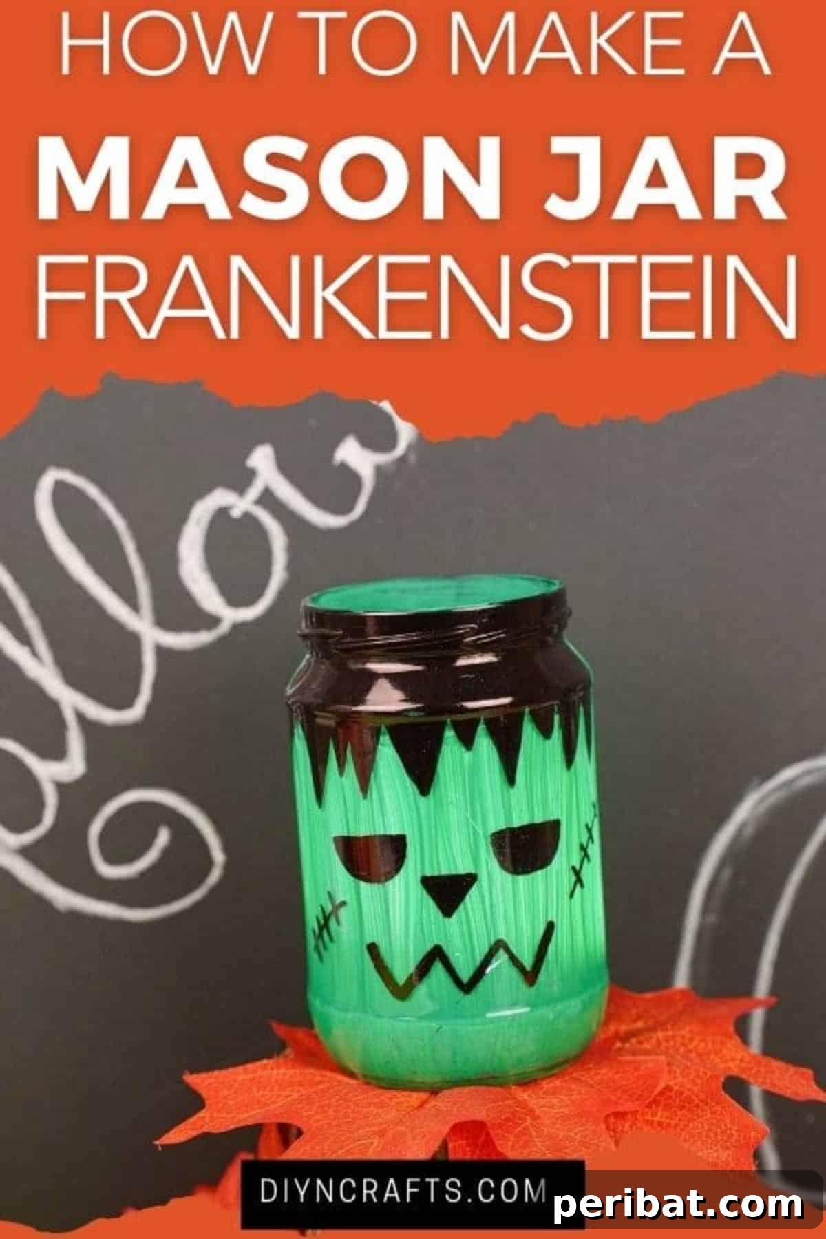 Charming Frankenstein Mason Jar Halloween Glow 2 Mason jar lantern lit in front of chalkboard