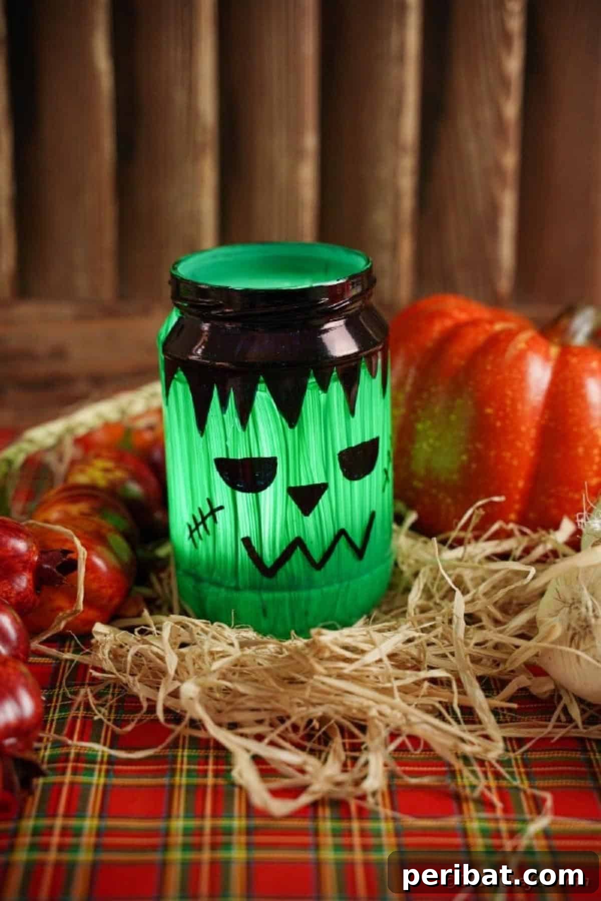 Charming Frankenstein Mason Jar Halloween Glow 15 Frankenstien lantern with candle by pumpkin and hay