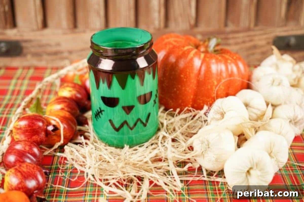 Charming Frankenstein Mason Jar Halloween Glow 6 Mason jar frankenstein on hay by pumpkins