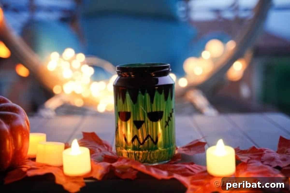 Charming Frankenstein Mason Jar Halloween Glow 7 Frankenstien lantern lit by fake flowers