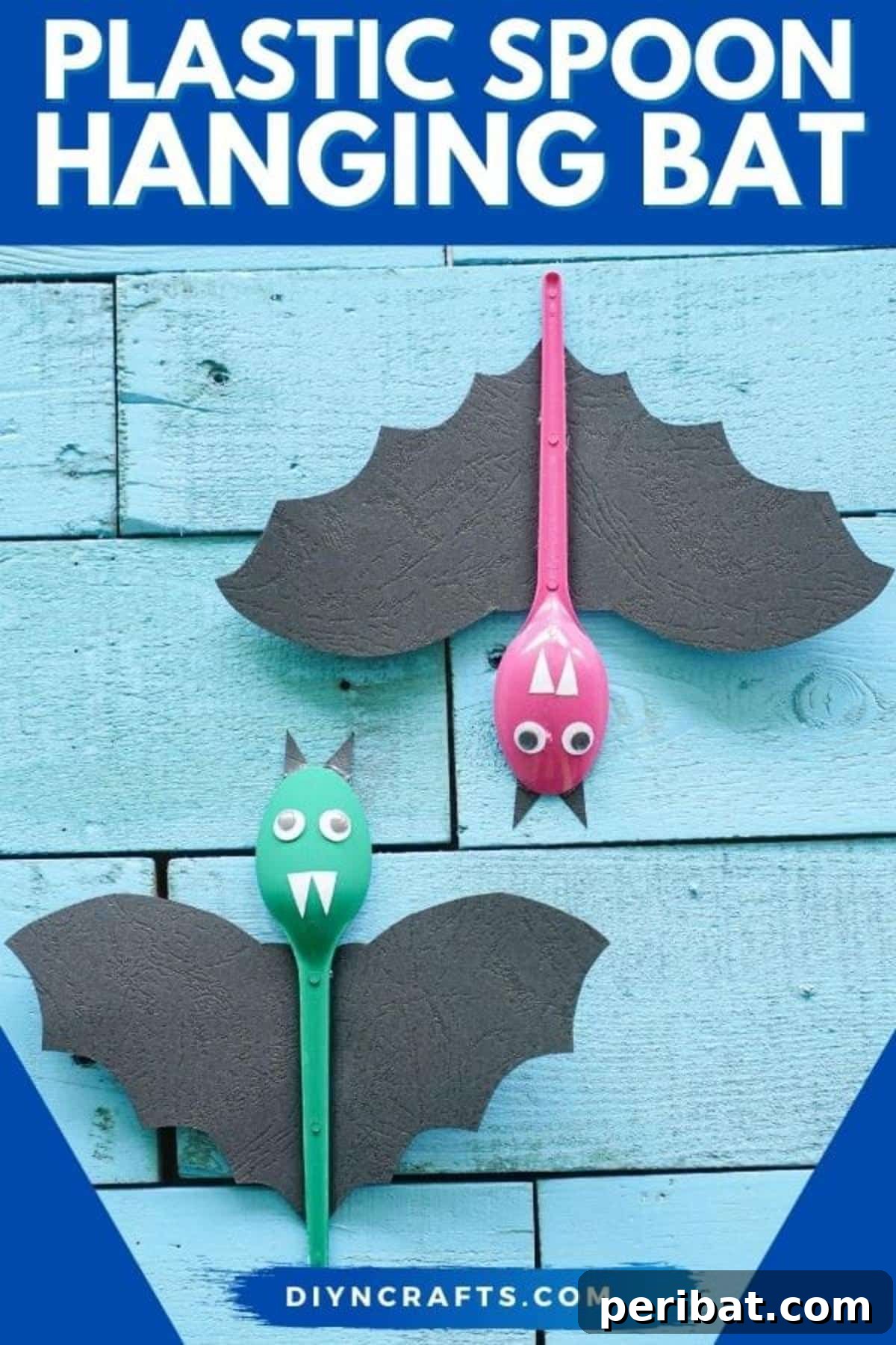 Adorable Recycled Plastic Spoon Bat Halloween Decor 2 Two vibrant upcycled spoon bats with expressive googly eyes against a soft blue background, showcasing their colorful painted bodies and crafted wings for Halloween decor.