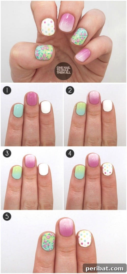 Playful Mix and Match Ombre Floral Polka Dot Nails