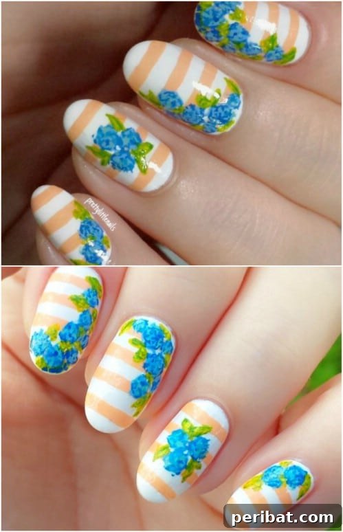 Pastel Stripy Floral Nail Art with Added Charm