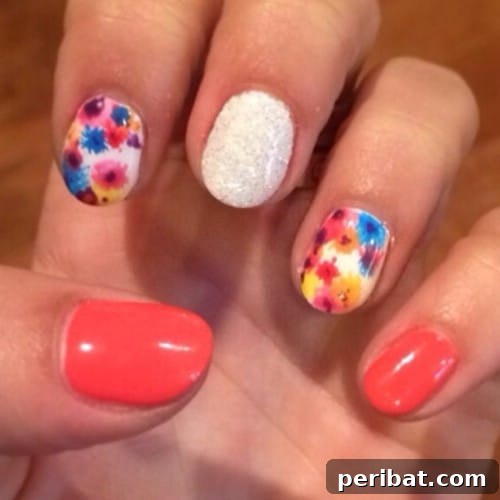 Fun Floral Accent Nails with Coral and Shimmer