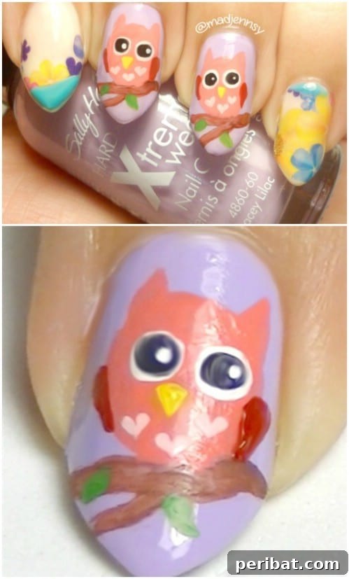 Adorable Owl Nail Art with Flowers for Spring