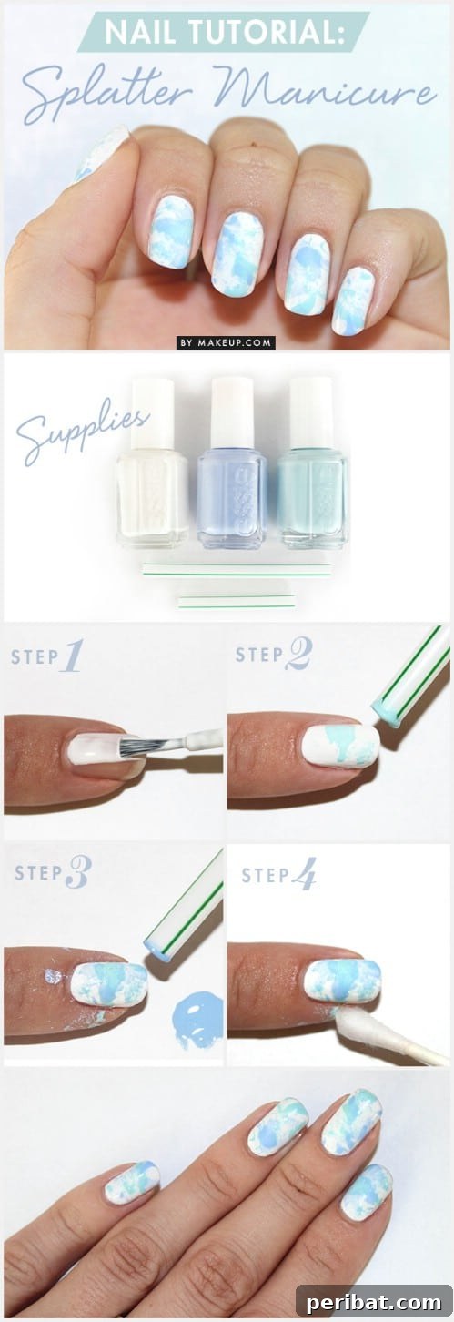 Fresh Splattered Nail Art in White and Light Blue