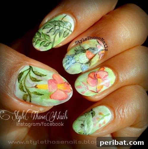 Delicate Hummingbird Nail Art for Spring