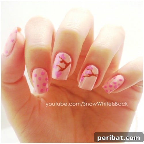 Understated Spring Tree Nail Art with Polka Dots
