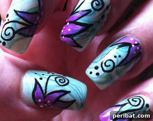 Bold Swirling Flowers with Thick Black Outline Nail Art