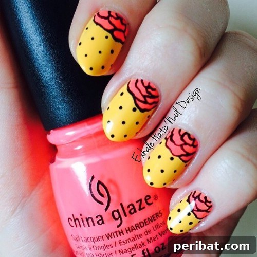Cartoonish Dotty Rose Nail Art with Unique Colors