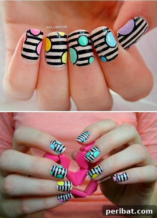 Playful Stripes and Balls Nail Art for Spring