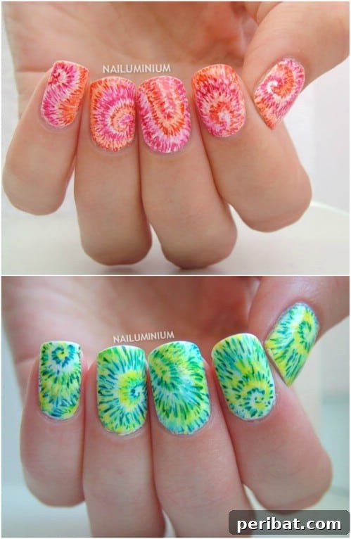 Vibrant Tie Dye Swirling Pattern Nail Art