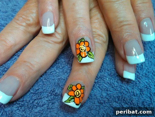 Striking Accent Orange Floral Spring Nail Art