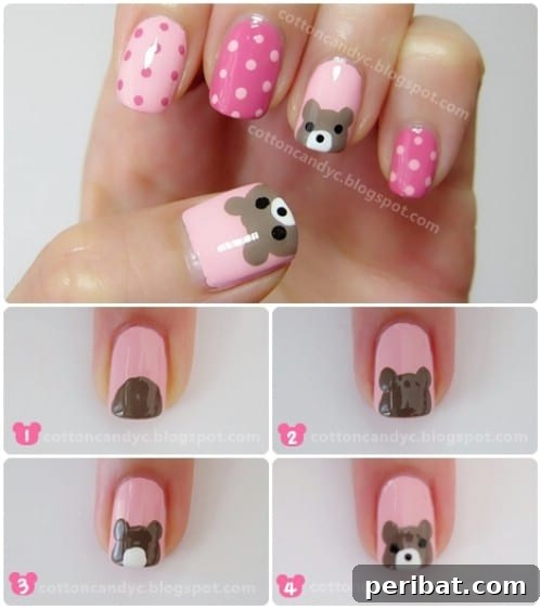 Adorable Pastel Bears and Polka Dots Nail Art