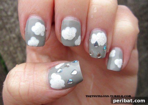 Elegant Spring Showers Nail Art with Rhinestone Raindrops