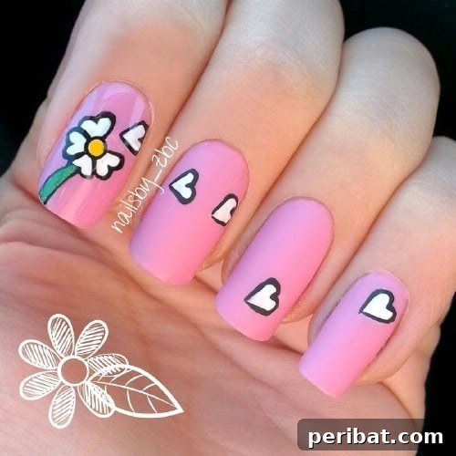 Cute Daisy Hearts Spring Nail Art Design