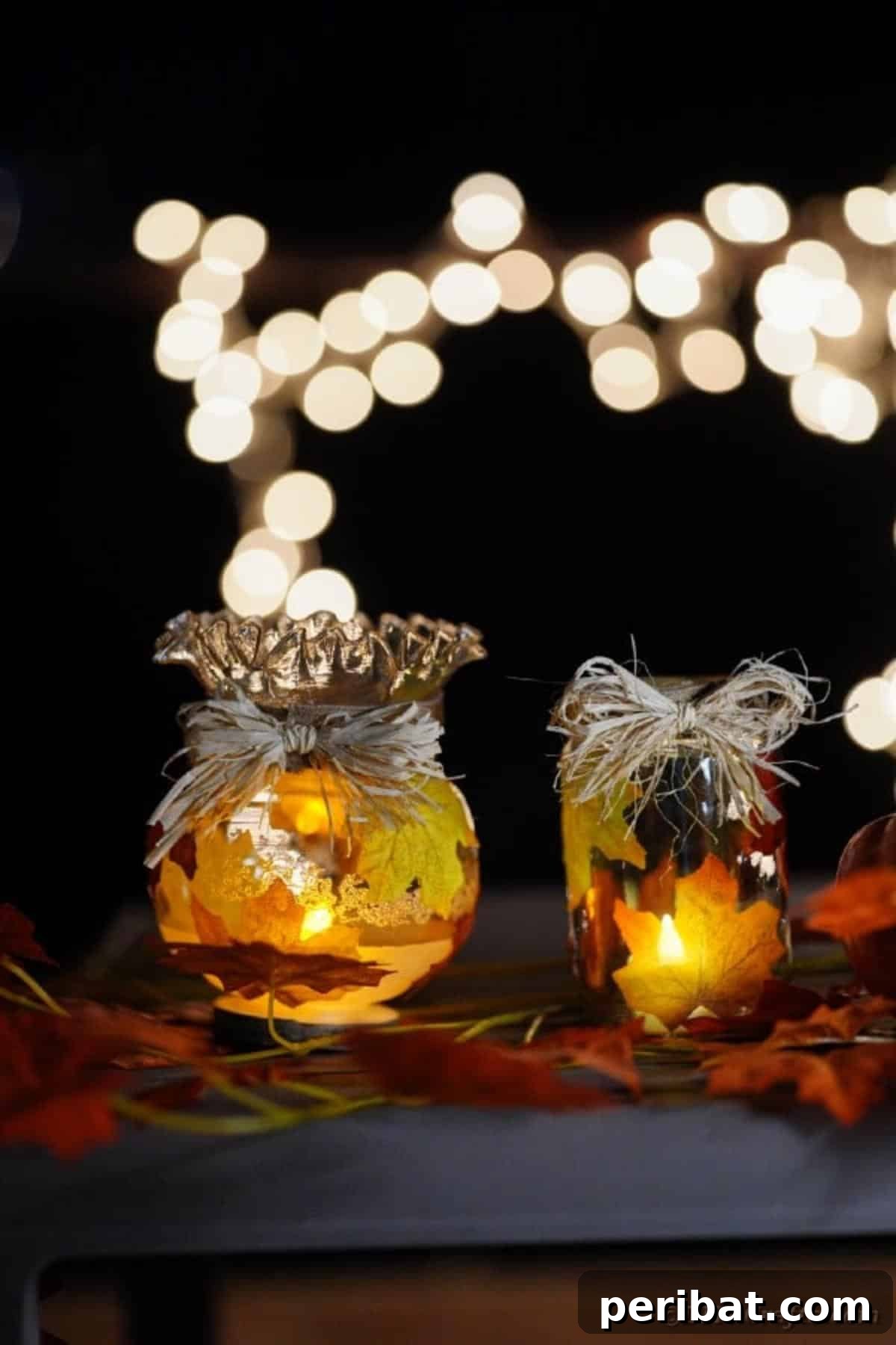Autumn Leaf Jar Luminaries 16 A finished fall leaf lantern with a flameless candle glowing softly inside, ready for display and adding a warm ambiance to any space.
