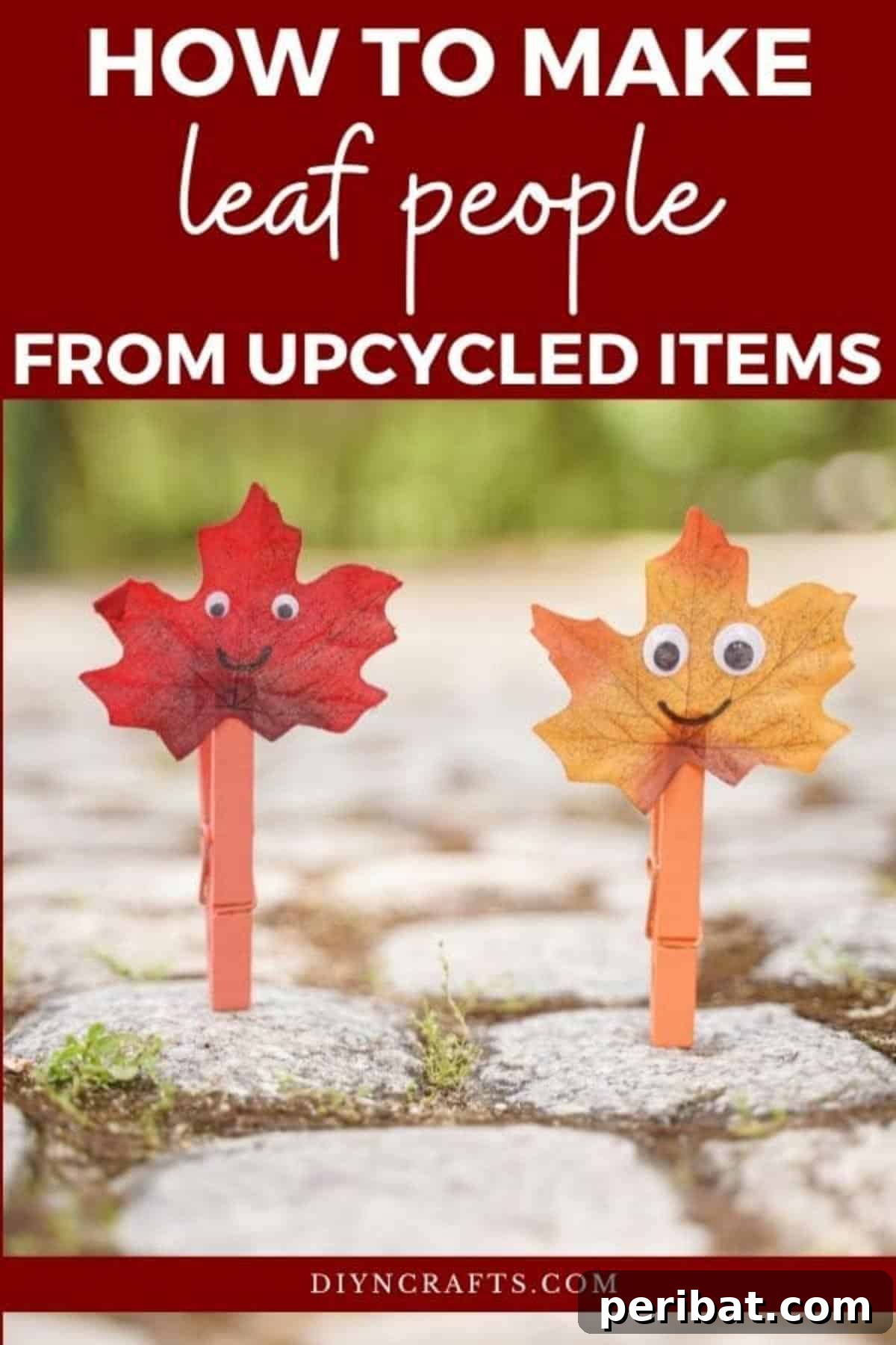 Geri Dönüşümle Sonbahar Yaprak İnsanlarını Canlandırın 2 Two fall leaf people crafts standing on a stone pathway, showcasing their cheerful googly eyes and simple leaf bodies.