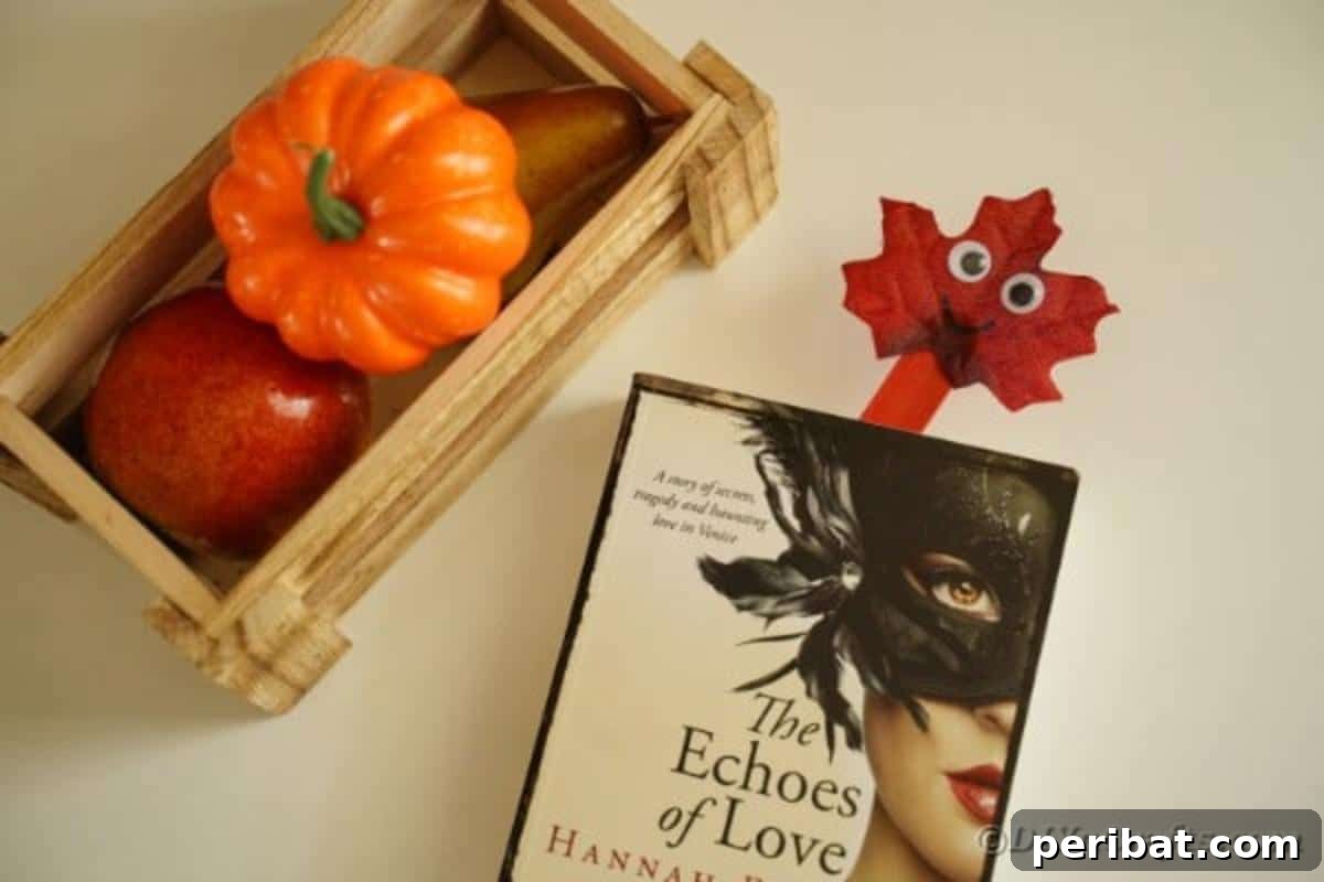 Geri Dönüşümle Sonbahar Yaprak İnsanlarını Canlandırın 5 A fall leaf person craft used as a bookmark, peeking out from an open book, showcasing its practicality and charm.