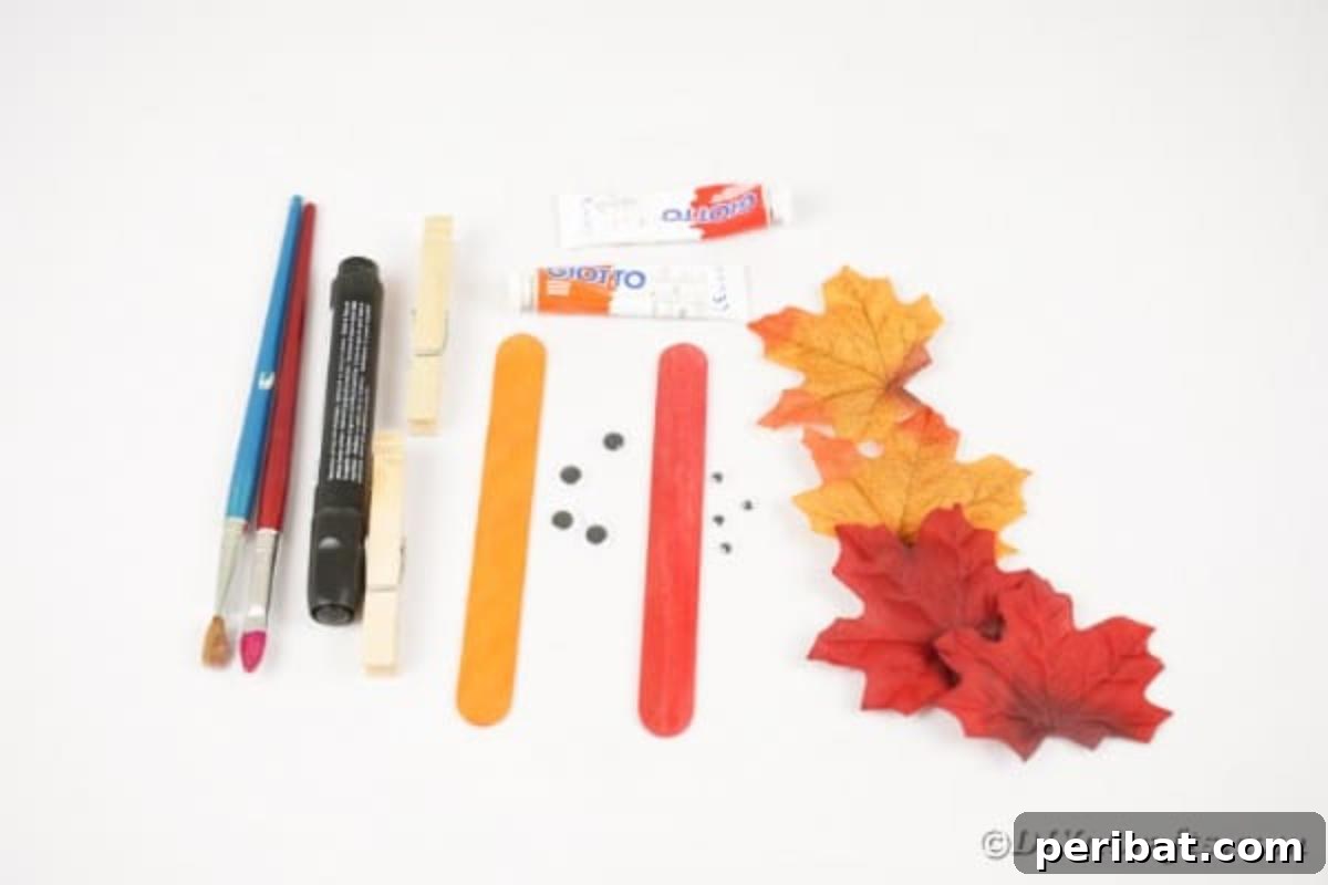 Geri Dönüşümle Sonbahar Yaprak İnsanlarını Canlandırın 7 An array of craft supplies laid out on a table, including artificial leaves, googly eyes, paint, craft sticks, and clothespins, ready for making leaf people.
