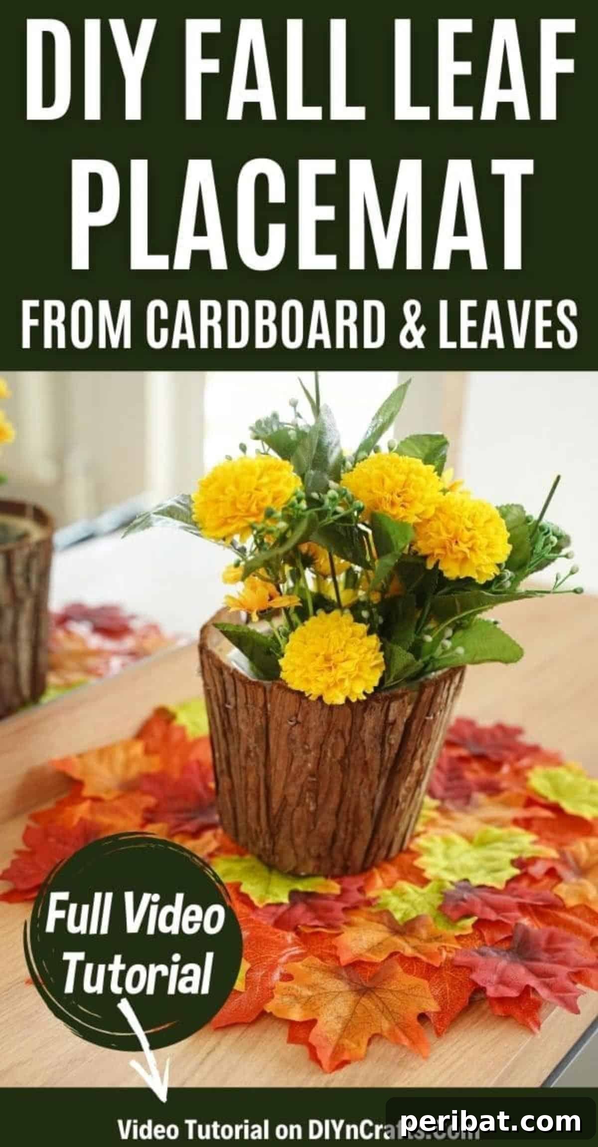 Rustic Upcycled Fall Leaf Placemat with a charming tree stump flower pot