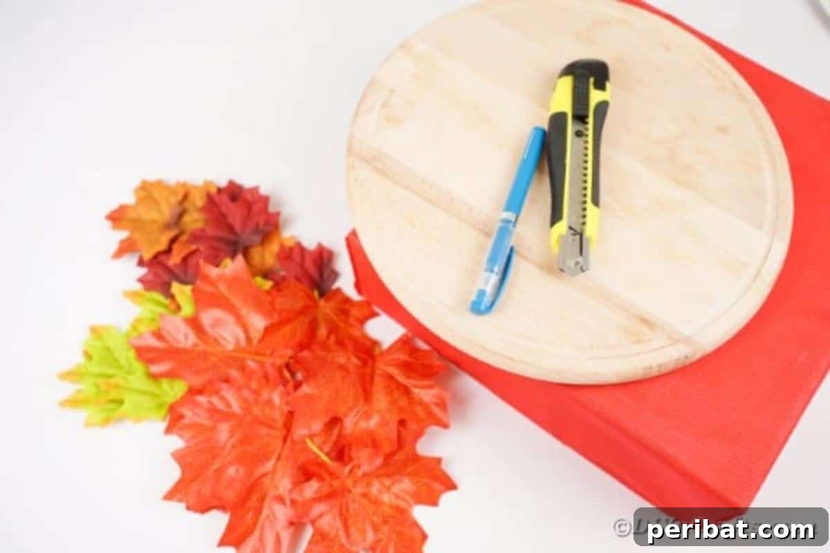 Arrangement of supplies for making a DIY fall leaf placemat including cardboard, leaves, and glue gun