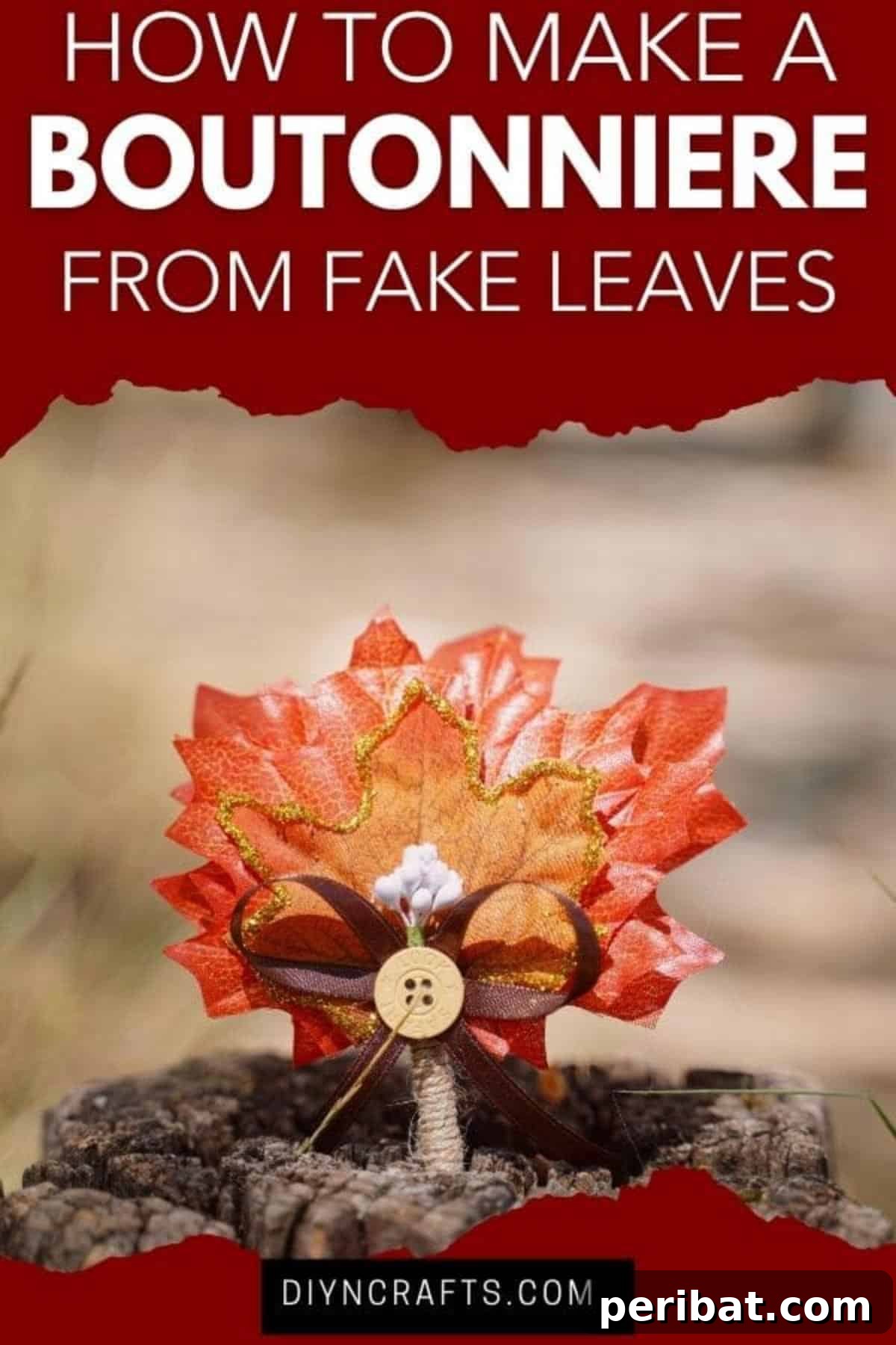 Elegant Autumnal Foliage Wedding Boutonnière 2 Two intricately designed fall leaf boutonnieres resting on a rustic tree stump, showcasing their autumnal elegance.