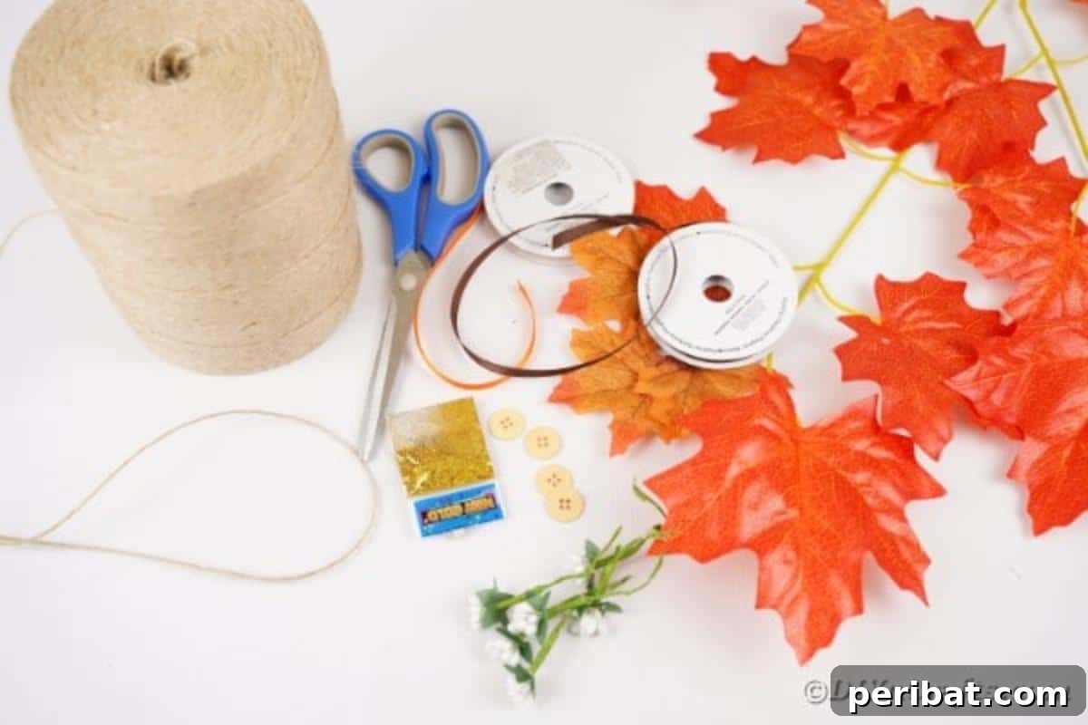 Elegant Autumnal Foliage Wedding Boutonnière 7 An organized display of various crafting supplies, including artificial leaves, different colored ribbons, glitter, and a hot glue gun, ready for boutonniere creation.