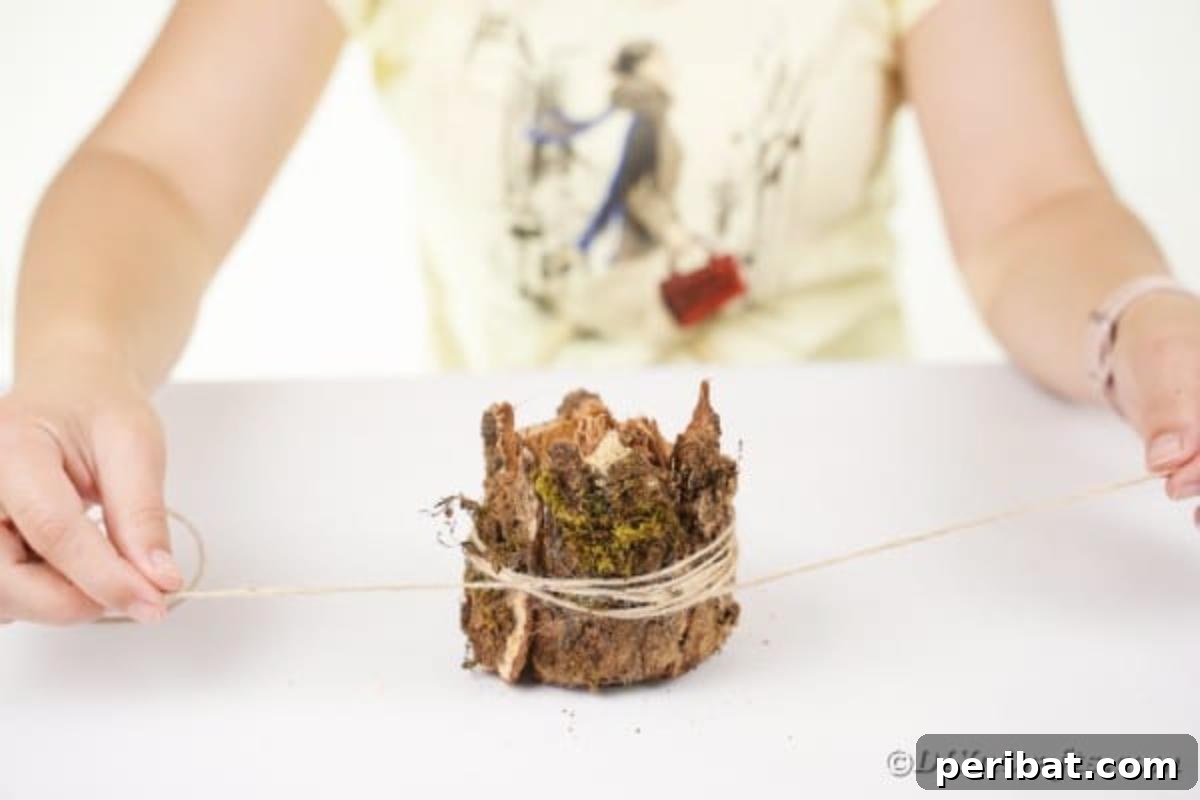 Woodland Hearth Bark Lantern 13 Hands carefully tying natural twine around the tree bark pieces on a candle holder, securing them