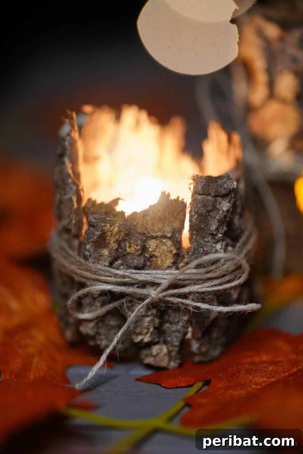 Woodland Hearth Bark Lantern 15 A stunning close-up of a lit tree bark lantern, showcasing its warm glow and rustic detail