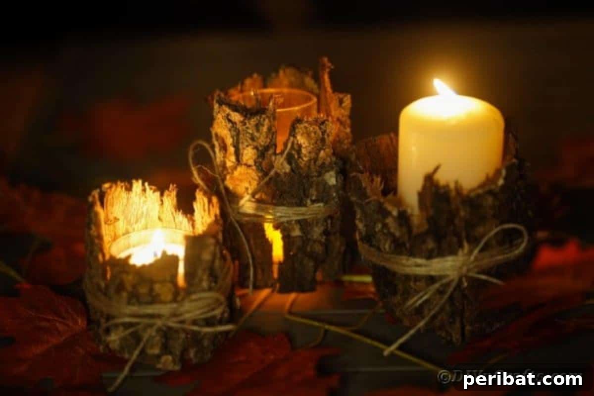 Woodland Hearth Bark Lantern 5 A cluster of glowing tree bark lanterns arranged on a wooden surface, exuding warmth and rustic elegance