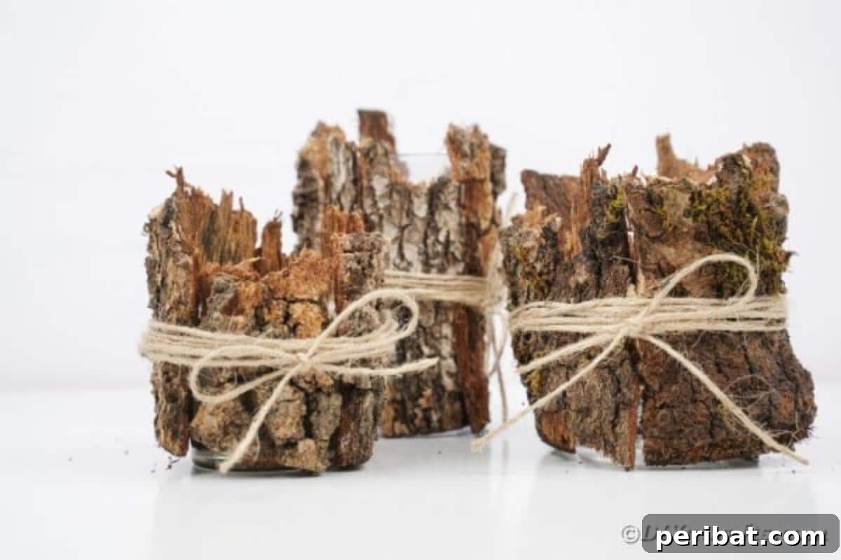 Woodland Hearth Bark Lantern 6 Three tree bark lanterns adorned with twine, neatly arranged on a pristine white table